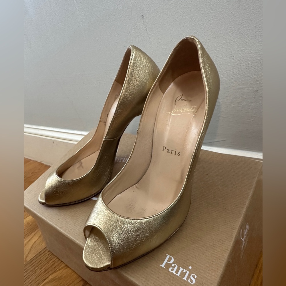 Christian Louboutin Metallic Gold Peep Toe Heels, 37.5/7 - Picture 2 of 3